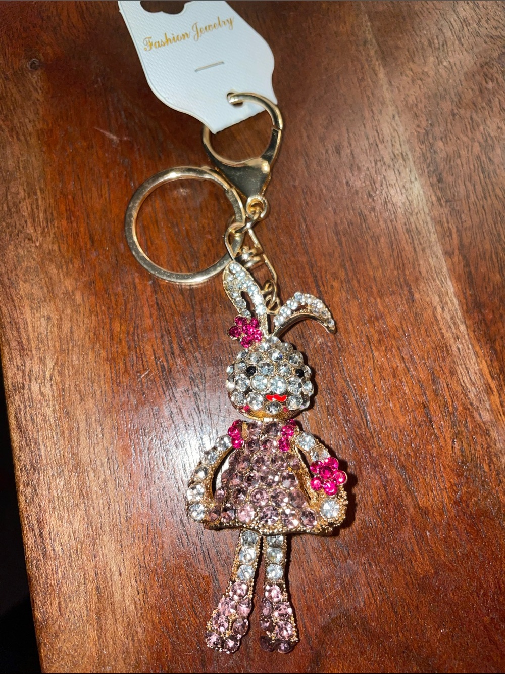 Crystal Bunny Keychain Charm - Gold Tone with Pink & Clear Rhinestones